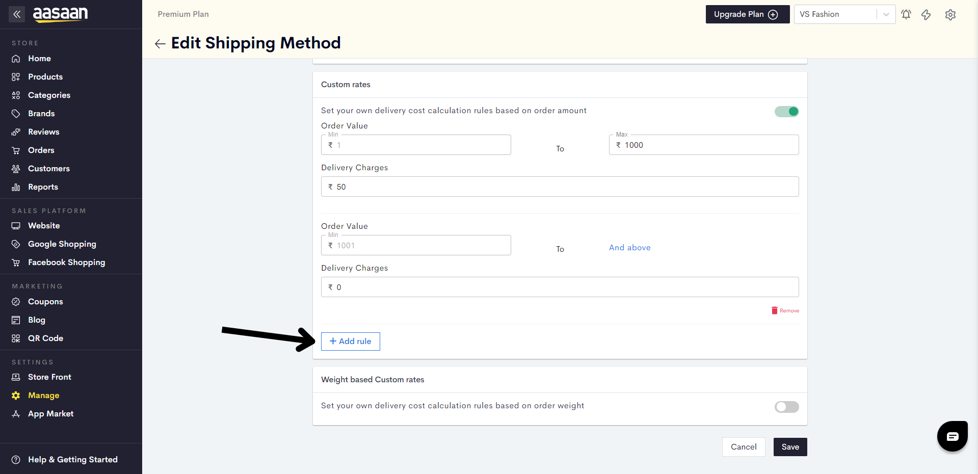 Custom shipping rates - Aasaan